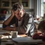 Stressed out Dad sitting at kitchen table with young son