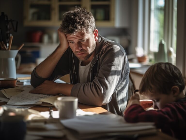 Stressed out Dad sitting at kitchen table with young son