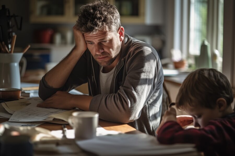 Stressed out Dad sitting at kitchen table with young son
